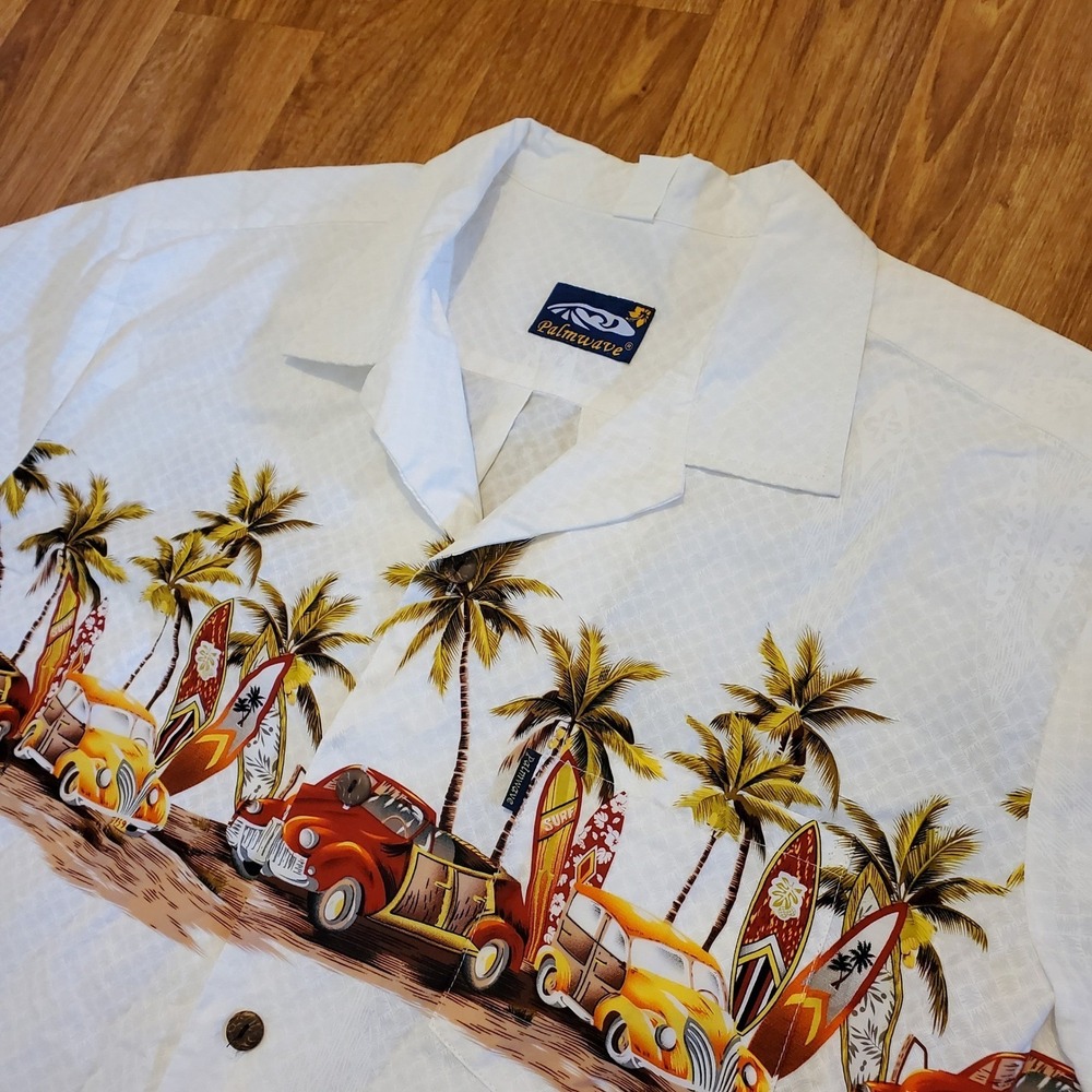 Palmwave Hawaiian Shirt Men XL‎ White Button Up Classic Cars Palm Trees Cotton